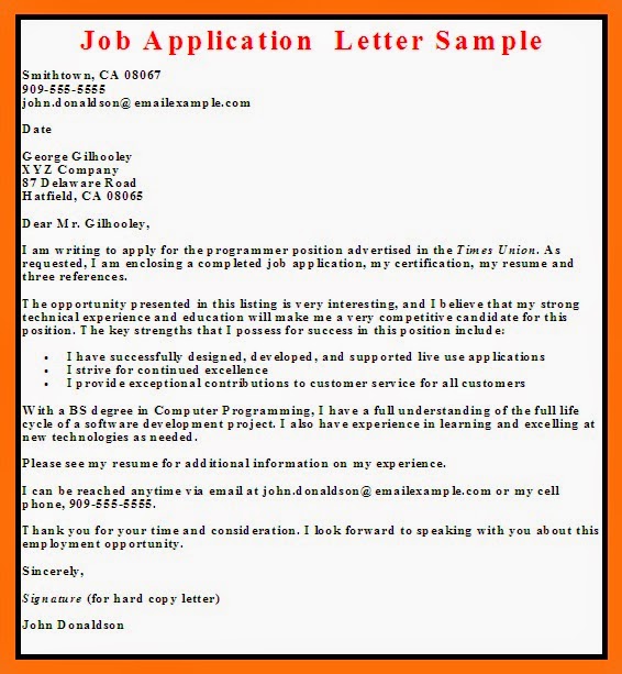 application letter to a company for a job